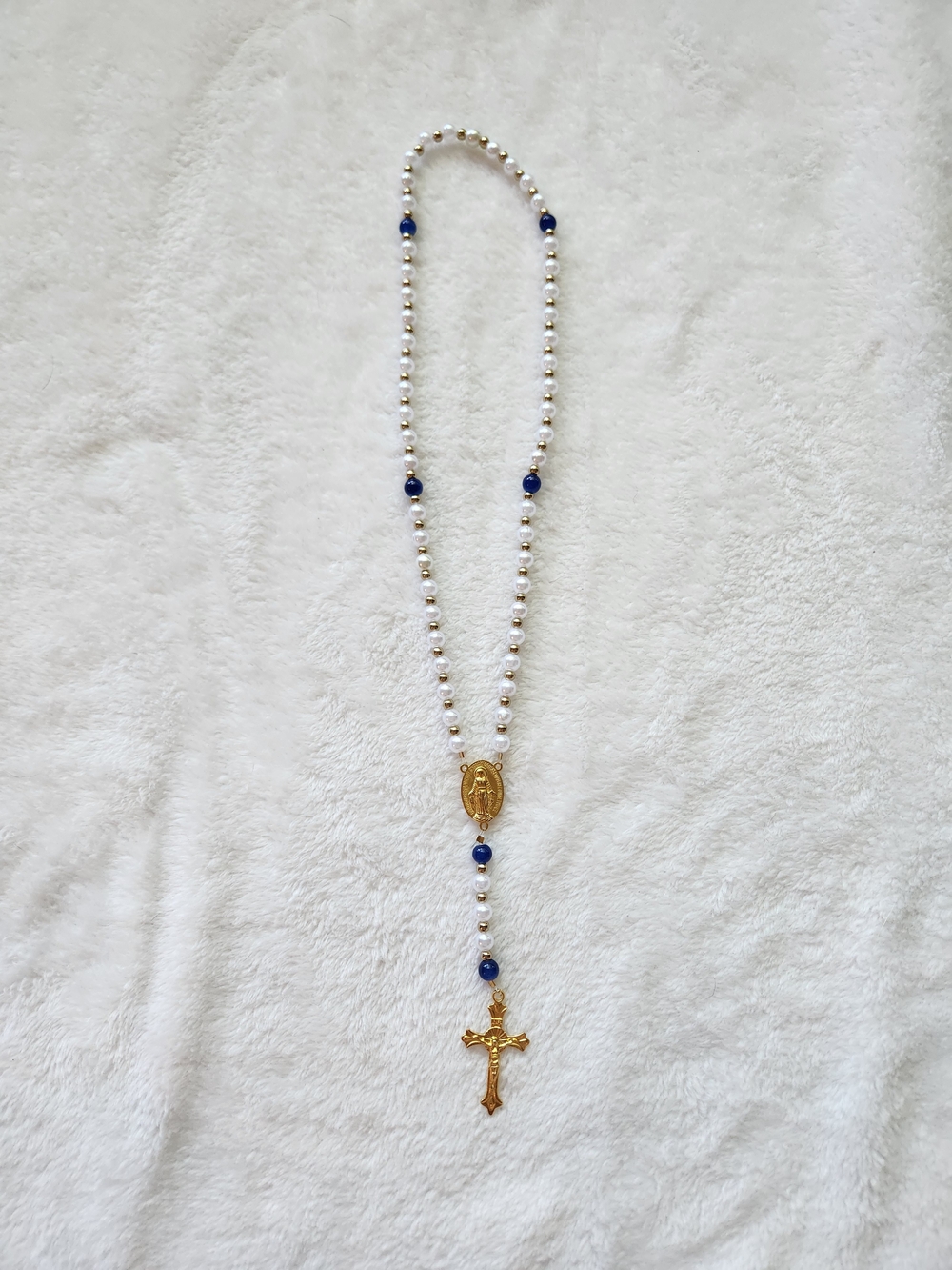 Handmade Gold Cross Rosary with White and Blue Beads